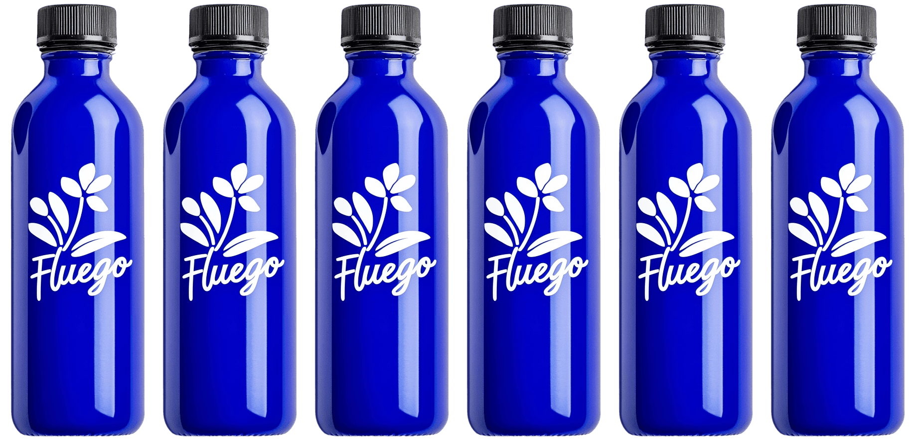 six blue Fluego bottles