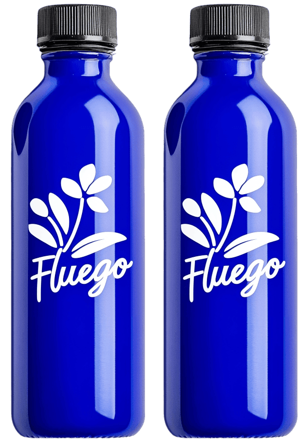 two blue Fluego bottles