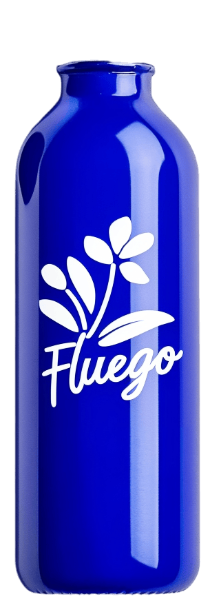 blue Fluego bottle with the cap removed